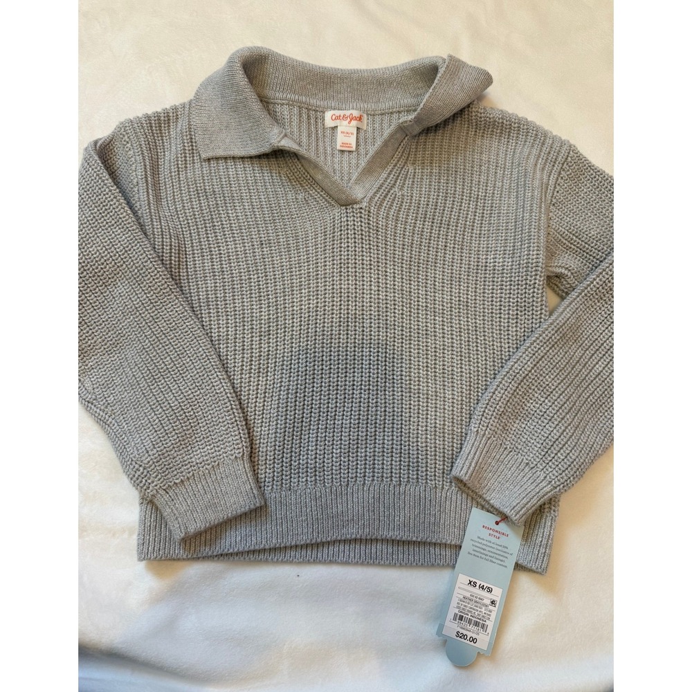 Cat & Jack Kids Heather Gray Shaker Stitch Collared V-Neck Sweater XS 4/5 NEW